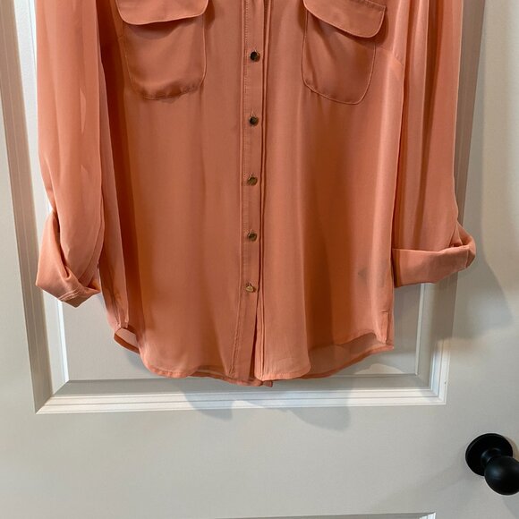 Bebe Sheer Peach Button Front Top w Open Split Backing Size Medium - Picture 3 of 9